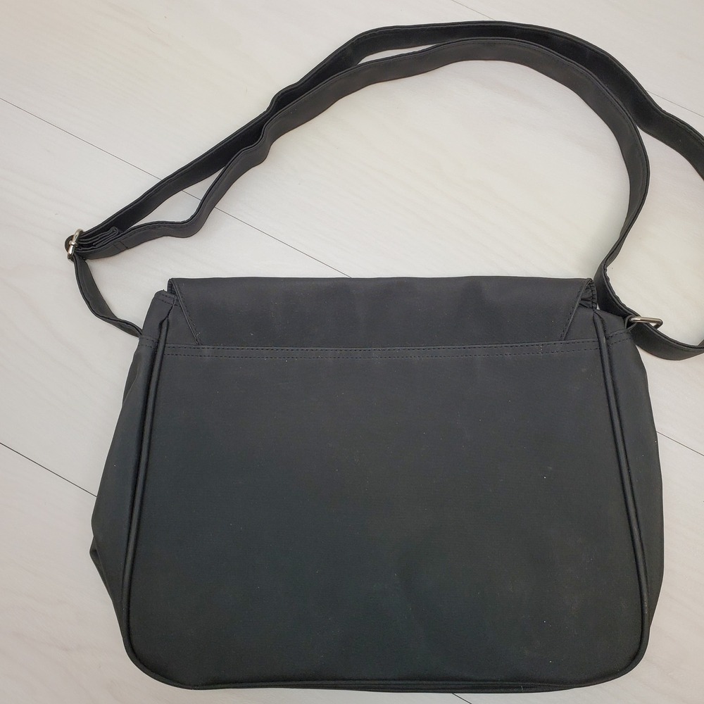 Black Messenger Bag Crossbody Bag PVC Adjustable Strap Silver Buckle - Picture 2 of 11